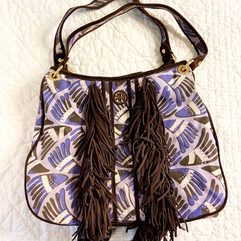 Tory Burch Suede/Canvas Fringe Boho Bag